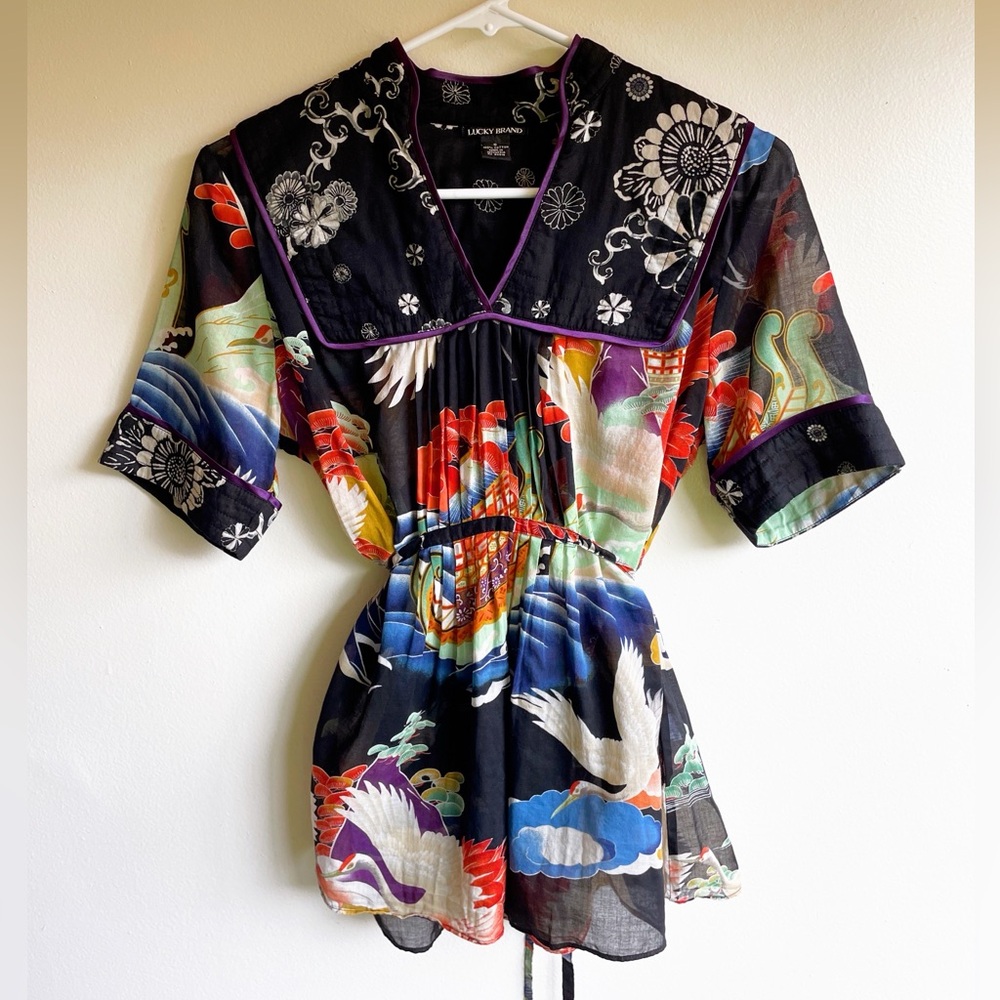 Lucky Brand Multicolor Floral and Bird Blouse